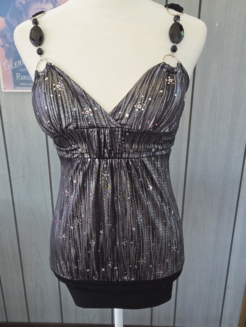 Fresh Of LA Sequined V-Neck Halter Women’s Top - Black